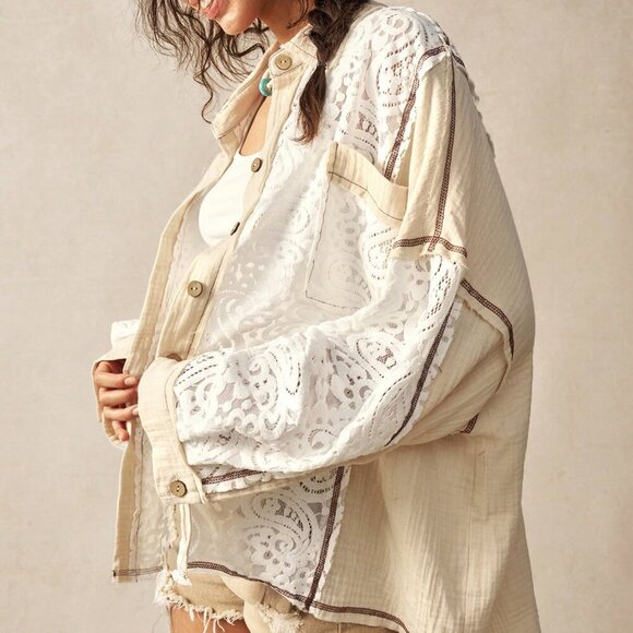 Multicolor Casual Women's Woven Contrast Lace Loose Lapel Front Open Blouse - Picture 1 of 7